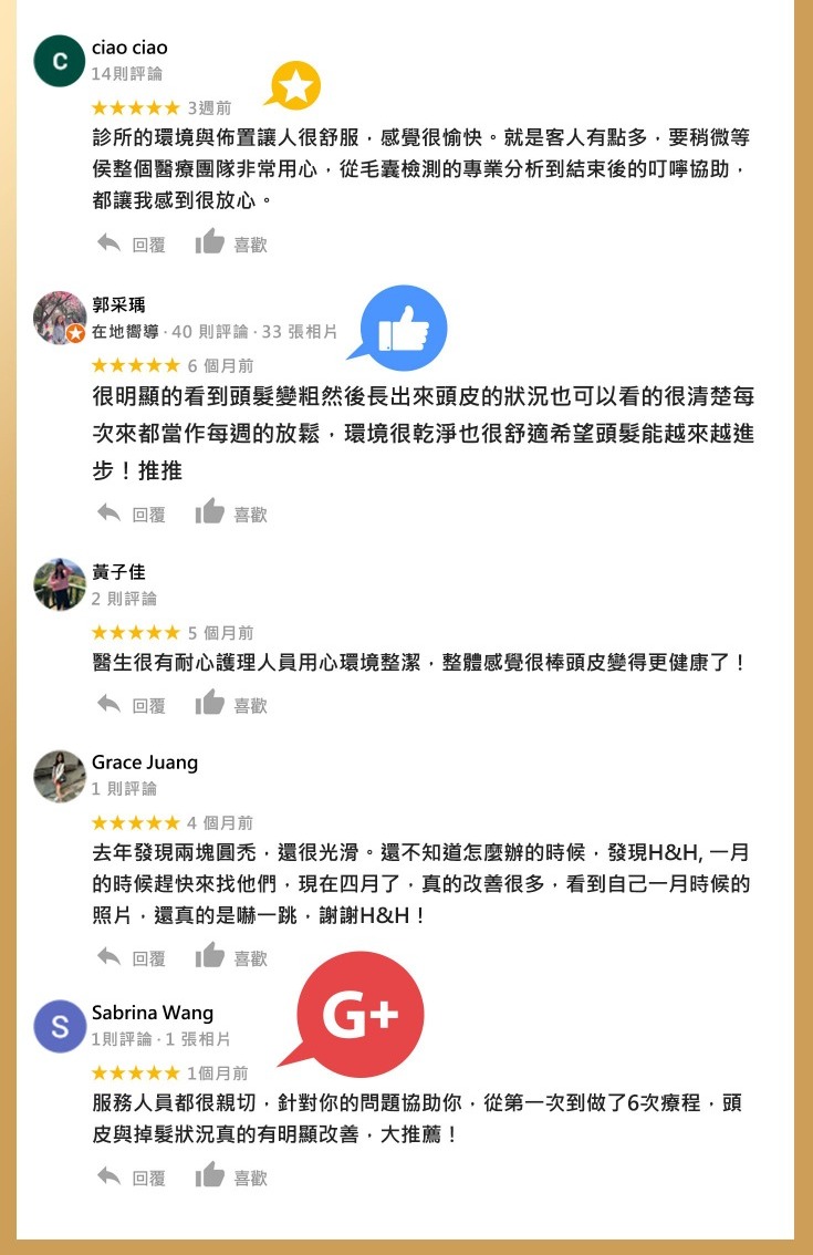 H&H醫髮診所_女性掉髮原因_Google網友5星好評推薦